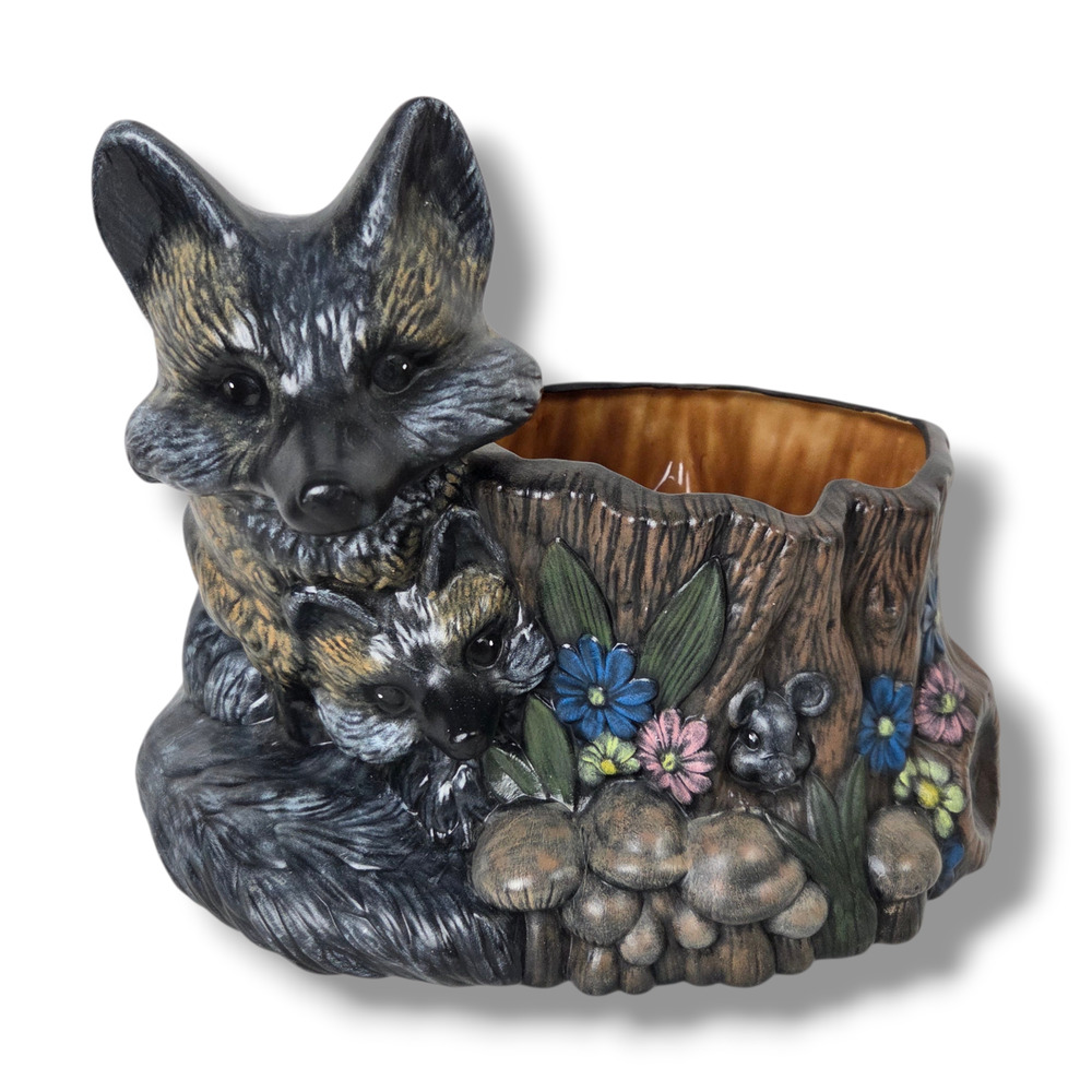 Vintage Woodland Fox & Kit Tree Stump Planter Ceramic Pot Decorative Art